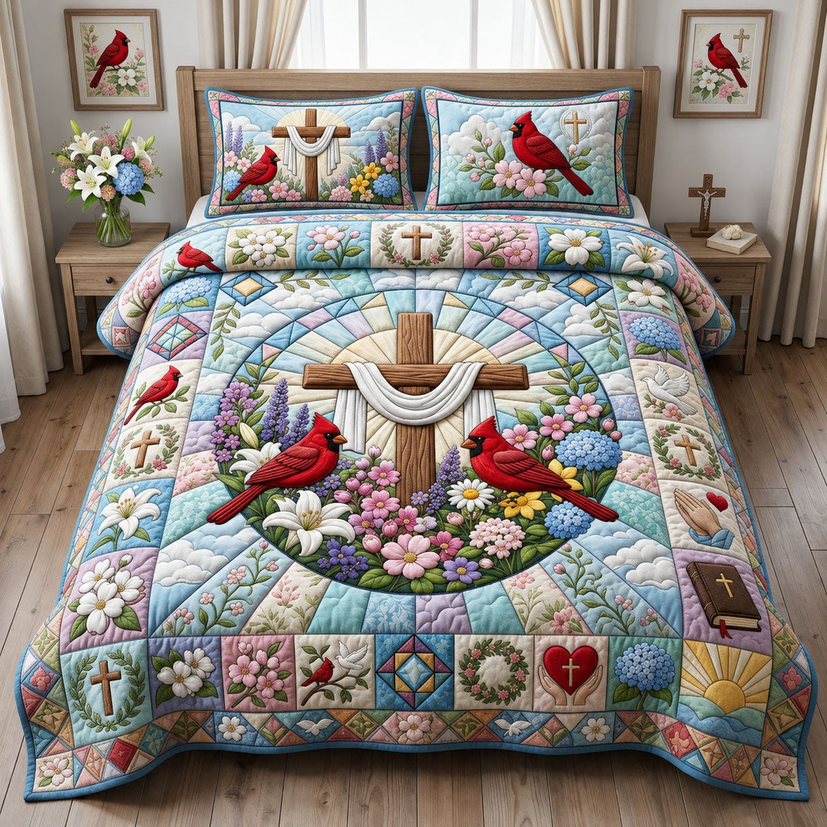Cardinal Cross 3 Piece Quilted Bedding Set Gift For Bird Lovers