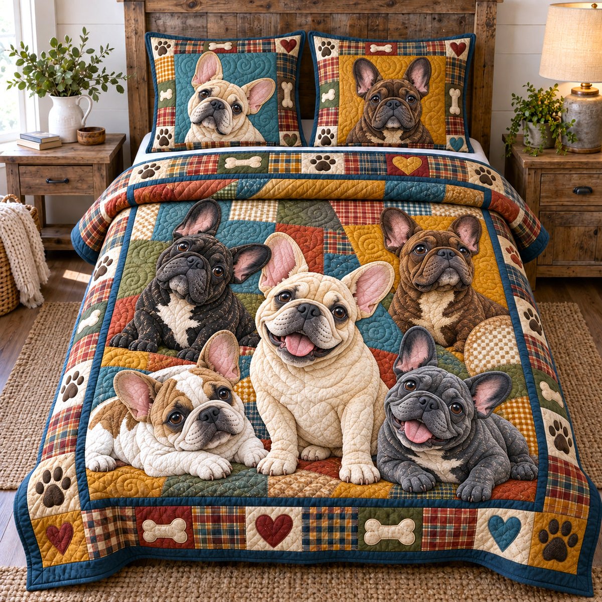 Cozy Plaid Frenchies Dog 3 Piece Quilted Bedding Set Gift For Dog Lovers