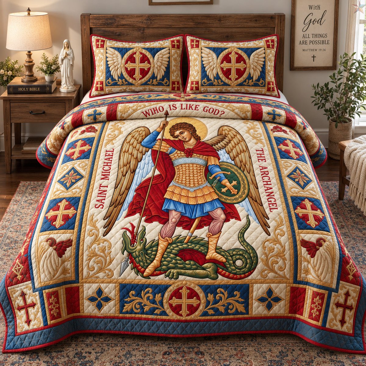 Saint Michael Protector 3 Piece Quilted Bedding Set Gift For Christians