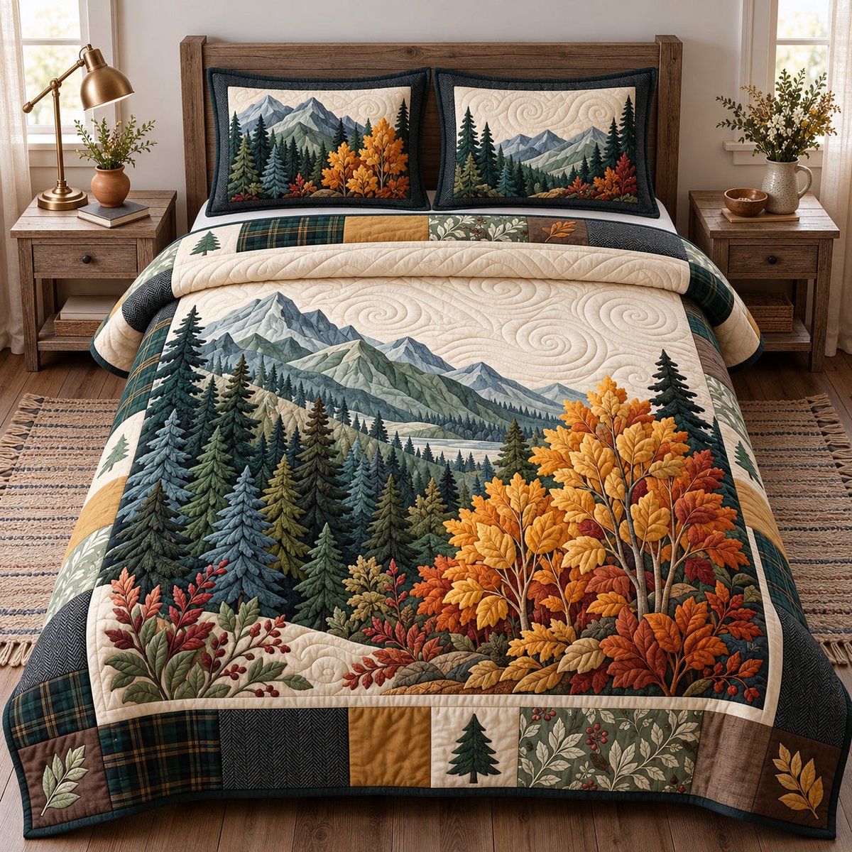 Fall Mountain 3 Piece Quilted Bedding Set Gift For Nature Lovers