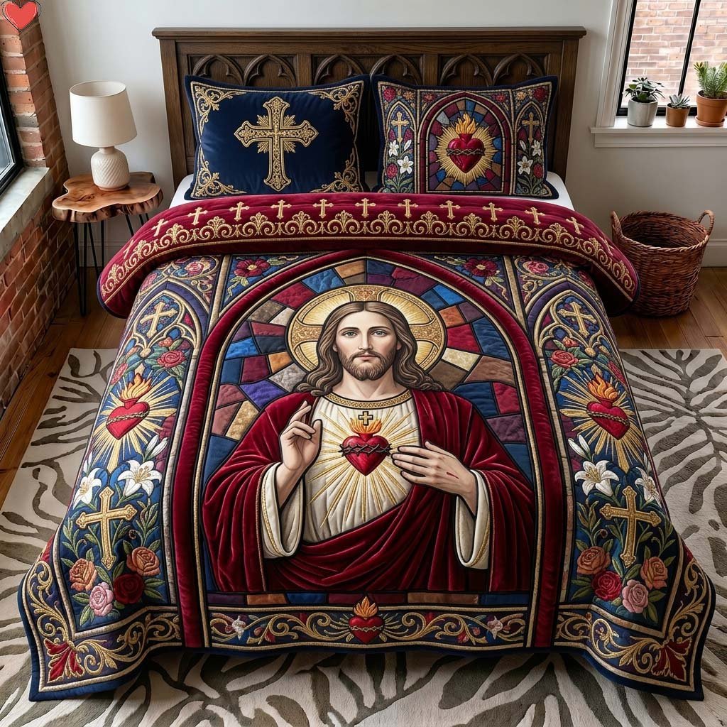 Cathedral Sacred Heart Christian 3 Piece Quilted Bedding Set Gift For Christians
