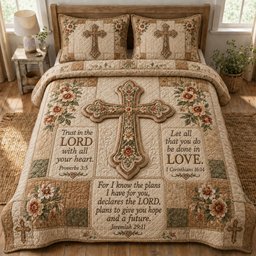 Scripture Cross Christian 3 Piece Quilted Bedding Set Gift For Christians