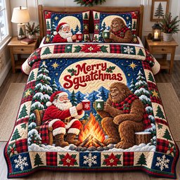 Bigfoot Santa Claus Adventure 3 Piece Quilted Bedding Set Christmas Gift For Holiday Decor Lovers