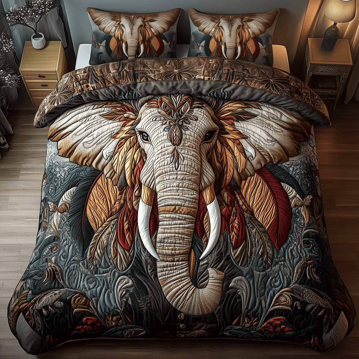 Mighty Elephant 3 Piece Quilted Bedding Set Gift For Elephant Lovers