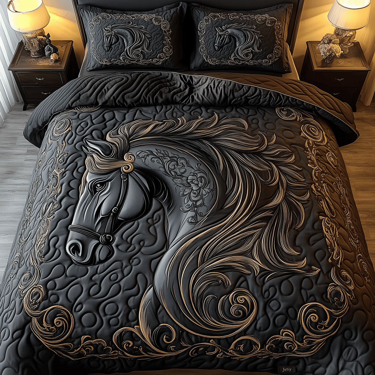 Mystique Black Horse 3 Piece Quilted Bedding Set Gift For Horse Lovers