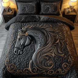 Mystique Black Horse 3 Piece Quilted Bedding Set Gift For Horse Lovers