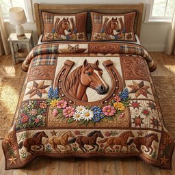 Farmhouse Horse 3 Piece Quilted Bedding Set Gift For Horse Lovers