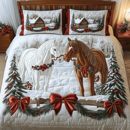 Horse Couple Winter 3 Piece Quilted Bedding Set Christmas Gift For Horse Lovers