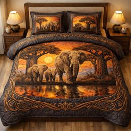 Savanna Elephant 3 Piece Quilted Bedding Set Gift For Elephant Lovers