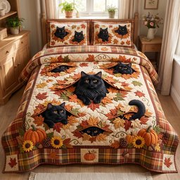 Autumn Cat 3 Piece Quilted Bedding Set Gift For Cat Lovers