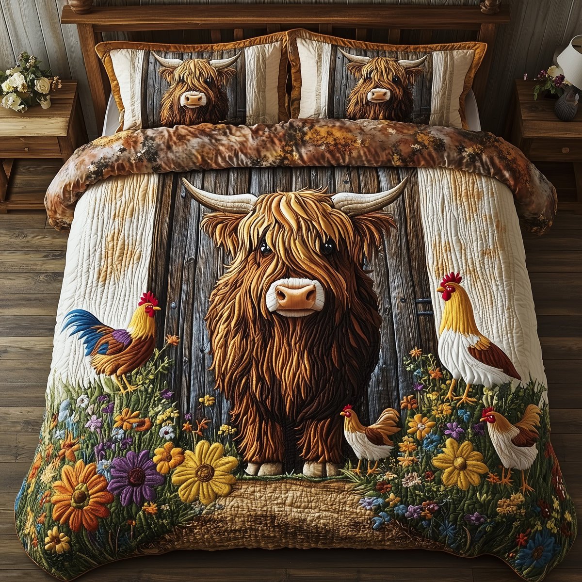 Highland Cow 3 Piece Quilted Bedding Set Gift For Cow Lovers
