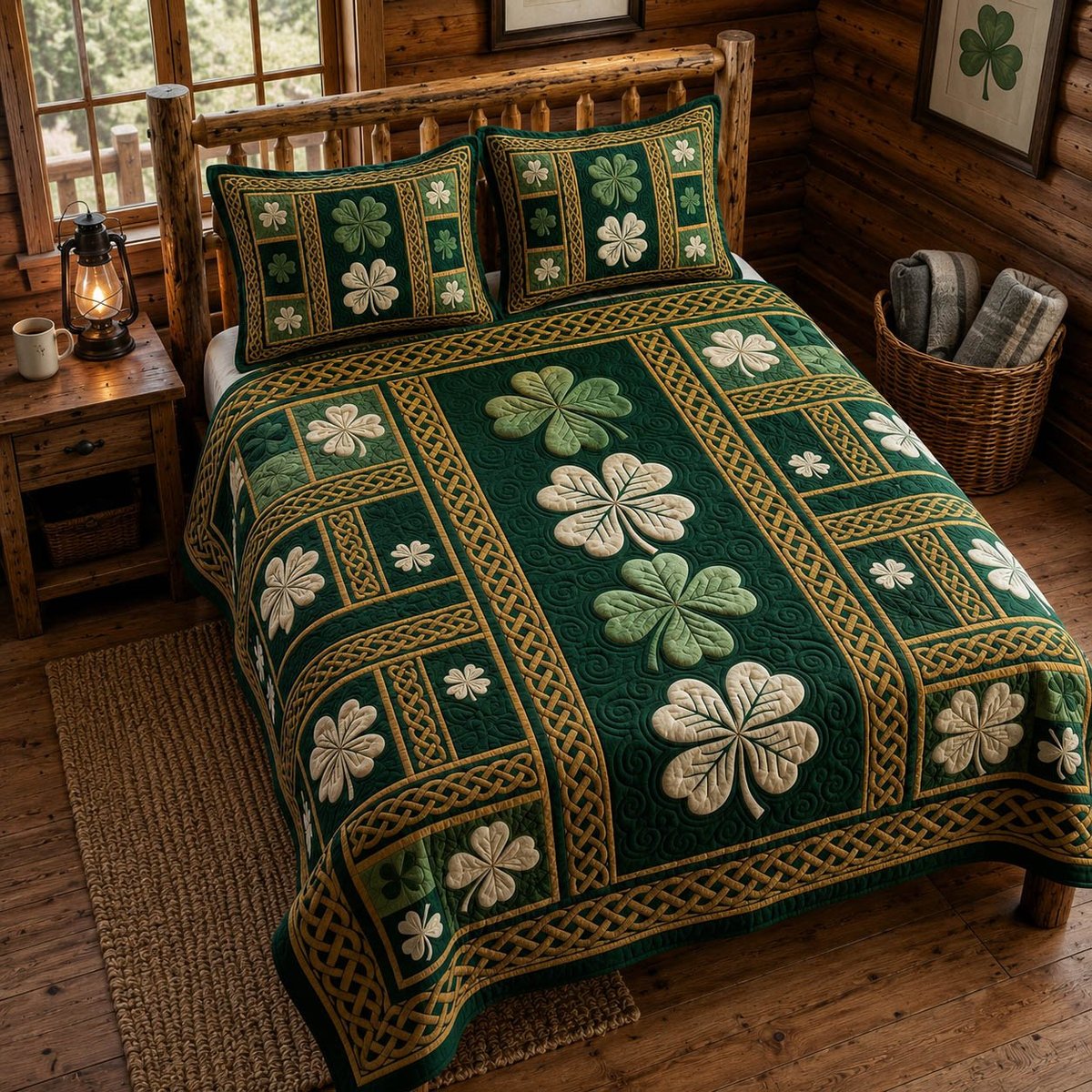 Celtic Shamrock 3 Piece Quilted Bedding Set Gift For Christians