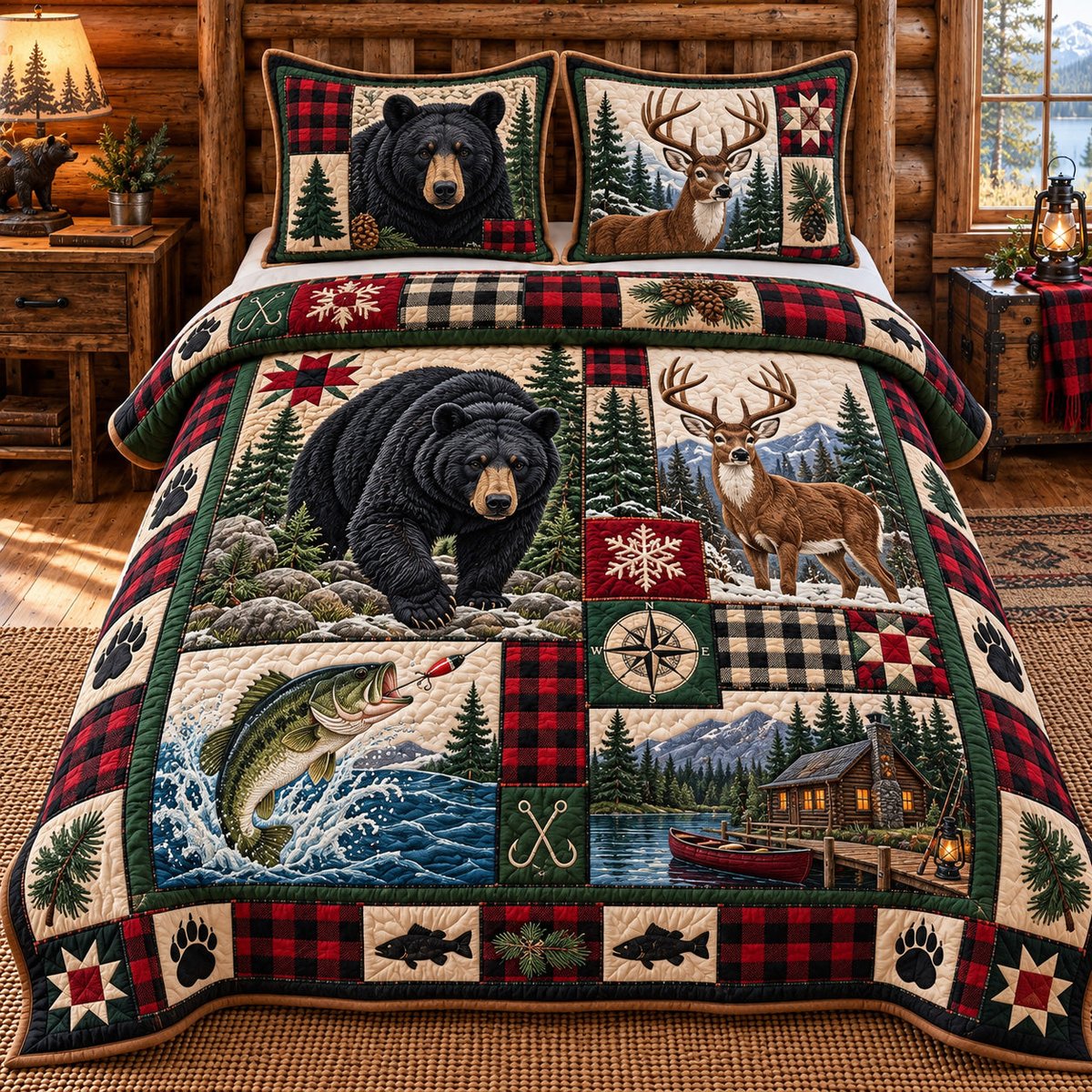 Hunting and Fishing Patchwork 3 Piece Quilted Bedding Set Gift For Hunters