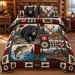 Hunting and Fishing Patchwork 3 Piece Quilted Bedding Set Gift For Hunters