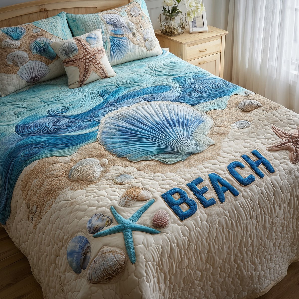 Tropical Beach 3 Piece Quilted Bedding Set Gift For Beach Lovers