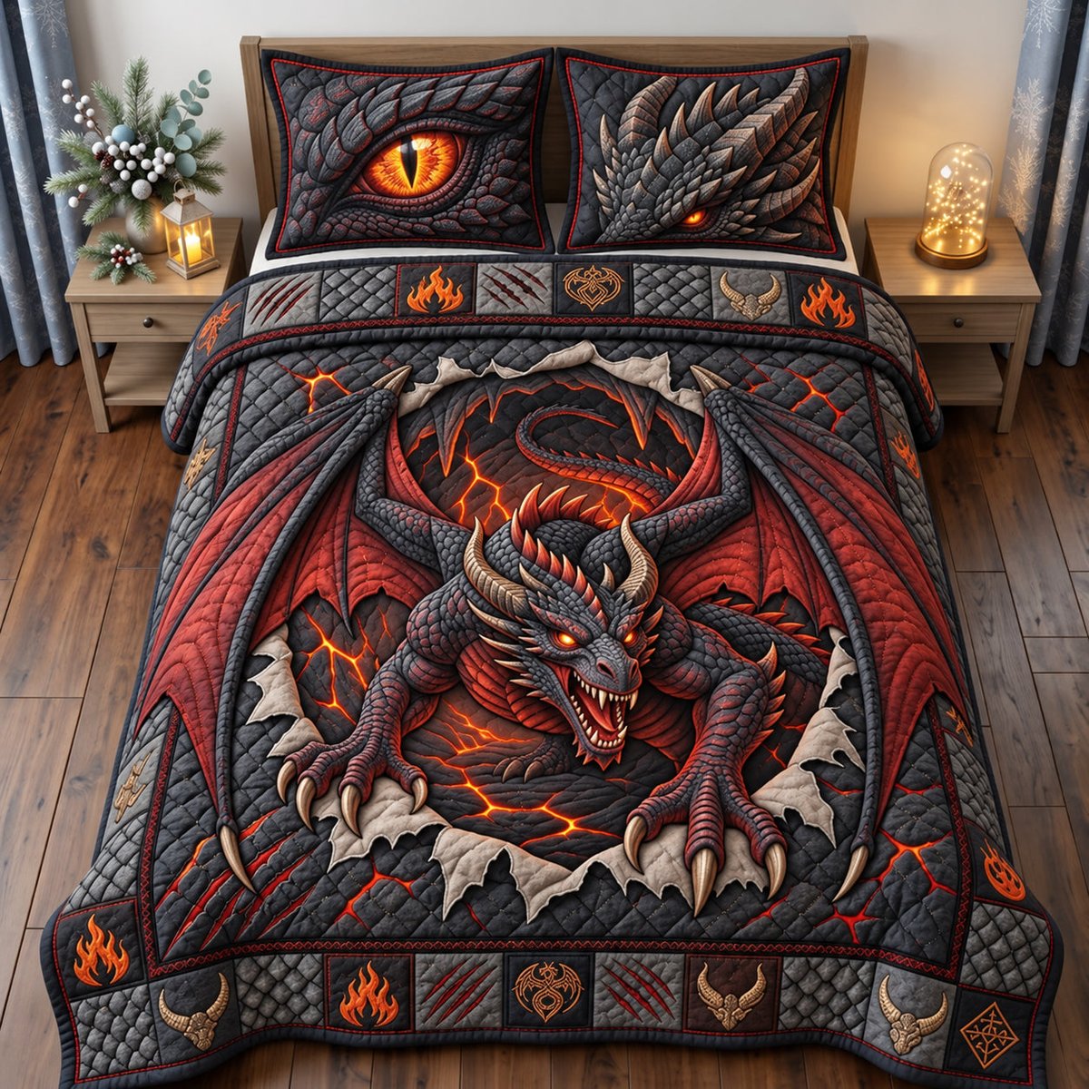 Inferno Dragon 3 Piece Quilted Bedding Set Gift For Fantasy Lovers