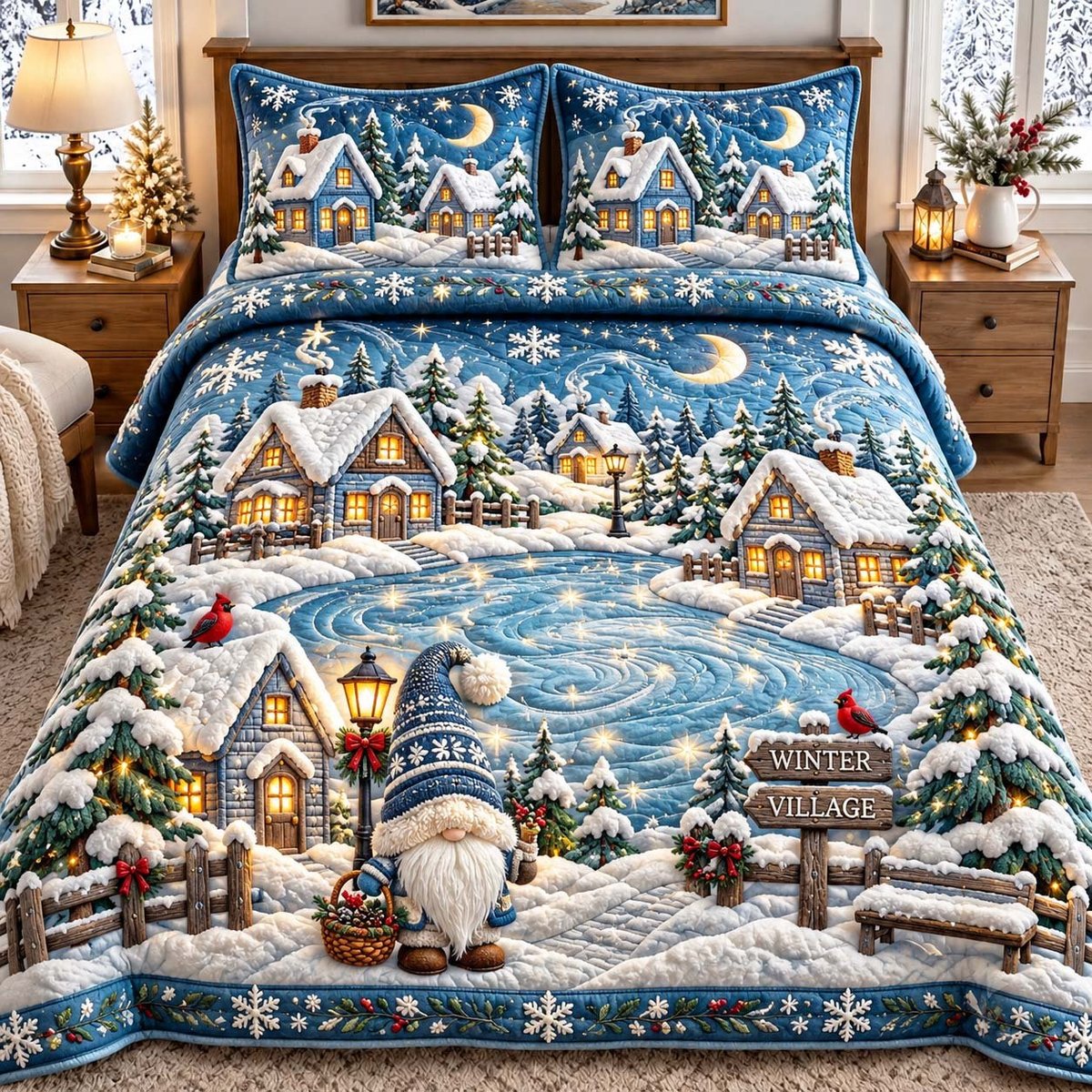 Winter Village Gnome 3 Piece Quilted Bedding Set Gift For Holiday Decor Lovers