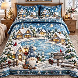 Winter Village Gnome 3 Piece Quilted Bedding Set Gift For Holiday Decor Lovers