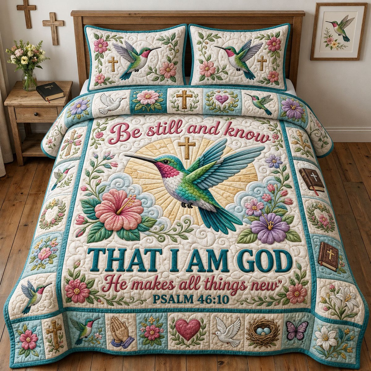 I Am God Hummingbird 3 Piece Quilted Bedding Set Gift For Christians