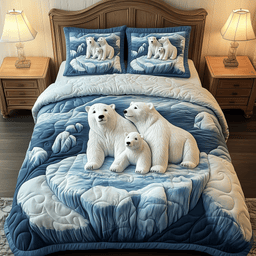 Polar Bear Family 3 Piece Quilted Bedding Set Gift For Bear Lovers