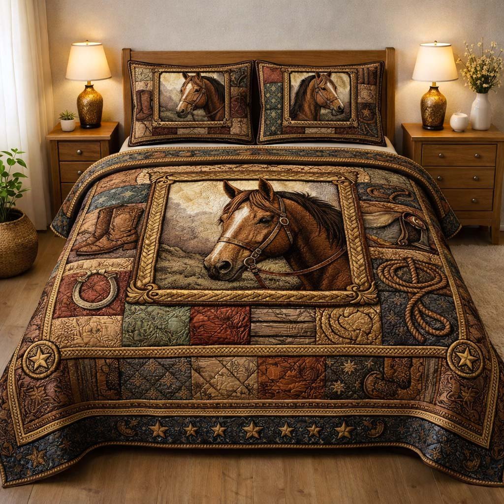 Ranch Horse 3 Piece Quilted Bedding Set Gift For Horse Lovers