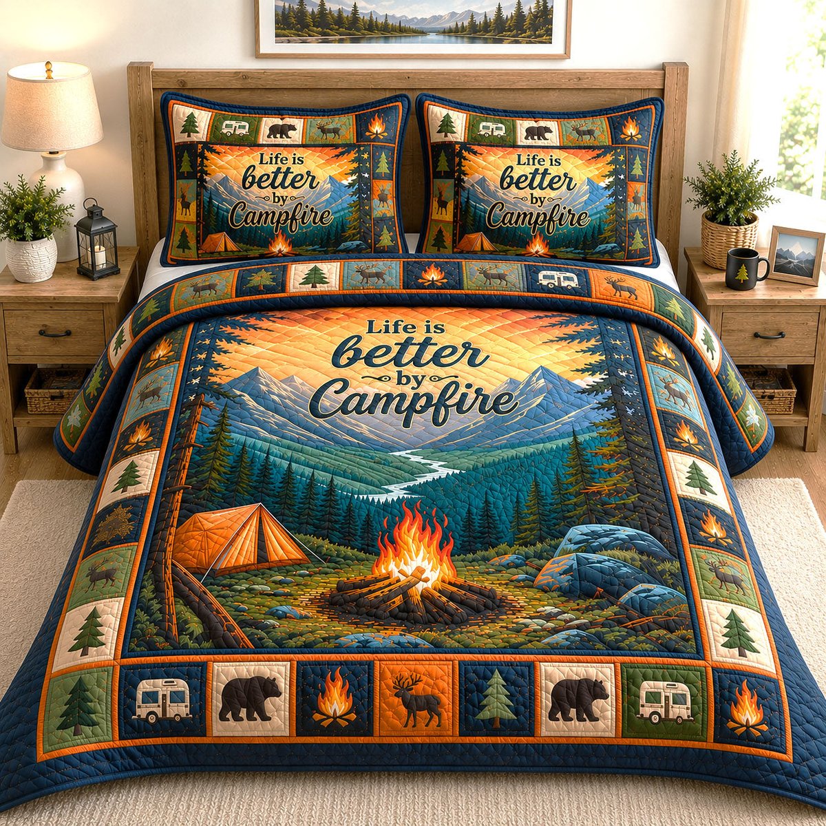 Campfire Deer 3 Piece Quilted Bedding Set Gift For Hunters
