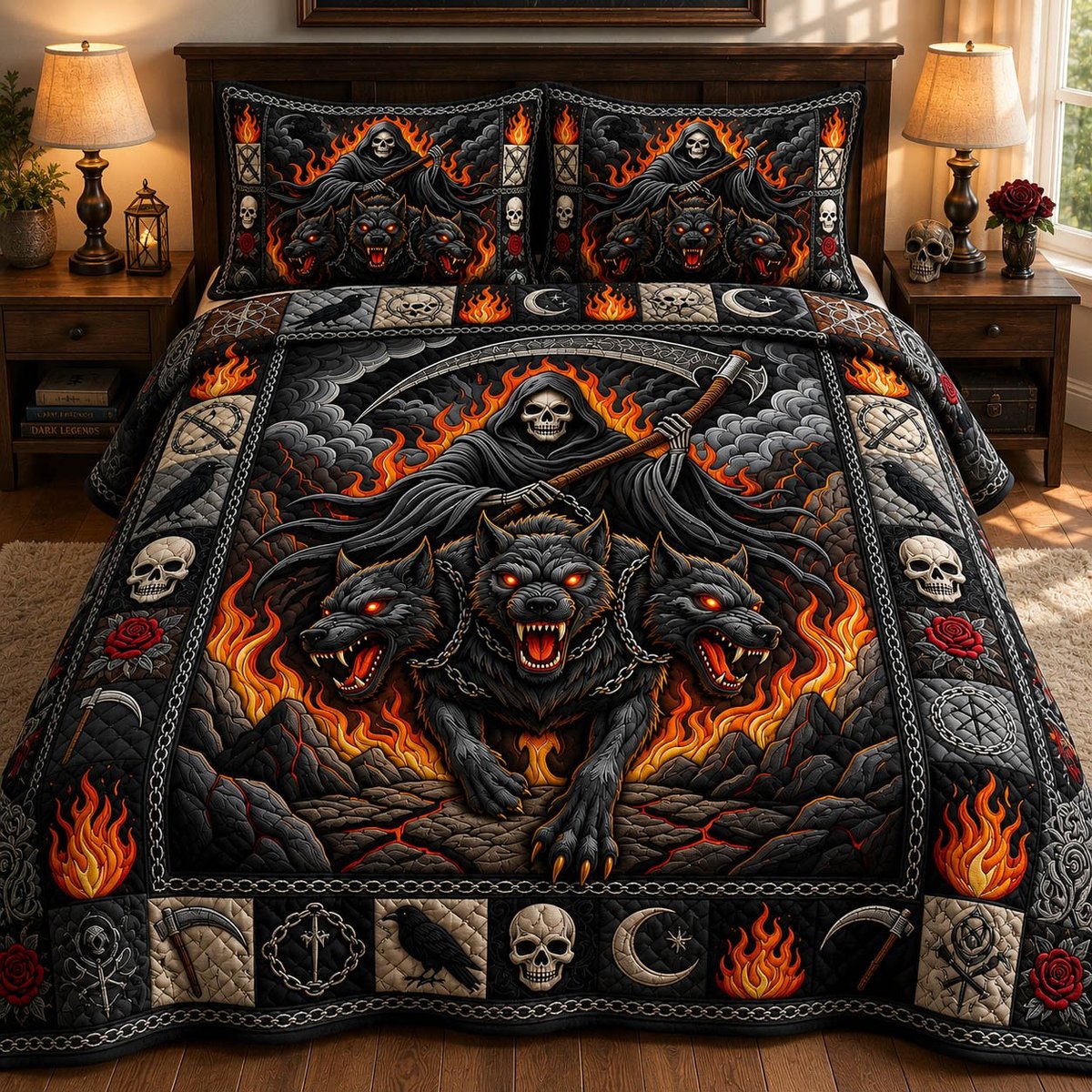 Grim Reaper 3 Piece Quilted Bedding Set Gift For Cat Lovers