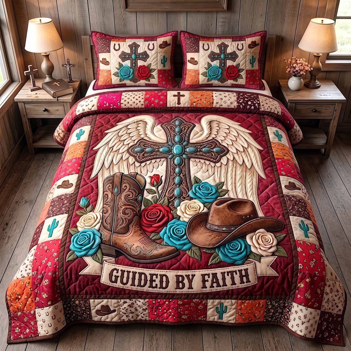 Western Grace Christian 3 Piece Quilted Bedding Set Gift For Western Lovers