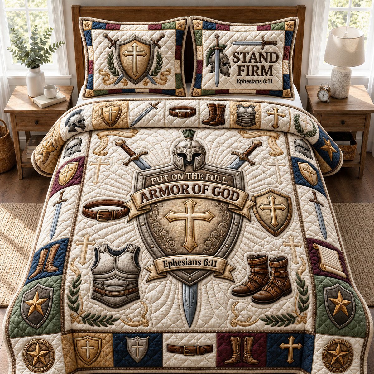Armor of God Christian 3 Piece Quilted Bedding Set Gift For Christians