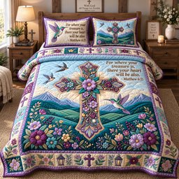 Where Your Treasure Is 3 Piece Quilted Bedding Set Gift For Christians