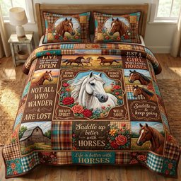 Farmhouse Horse 3 Piece Quilted Bedding Set Gift For Horse Lovers