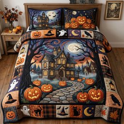 Haunted House 3 Piece Quilted Bedding Set Halloween Gift For Gothic Decor Lovers