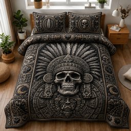 Ancient Aztec Skull Headdress 3 Piece Quilted Bedding Set Gift For Gothic Decor Lovers