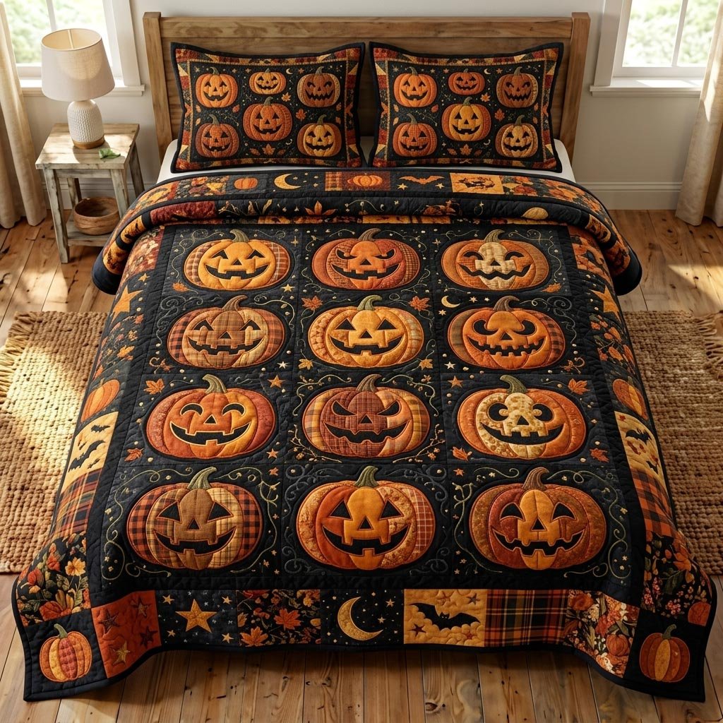 Pumpkin Patch 3 Piece Quilted Bedding Set Gift For Farmhouse Decor Lovers