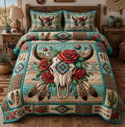 Boho Floral Cow Skull 3 Piece Quilted Bedding Set Gift For Cow Lovers