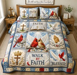Walk by Faith Heavenly Cardinals 3 Piece Quilted Bedding Set Gift For Christians