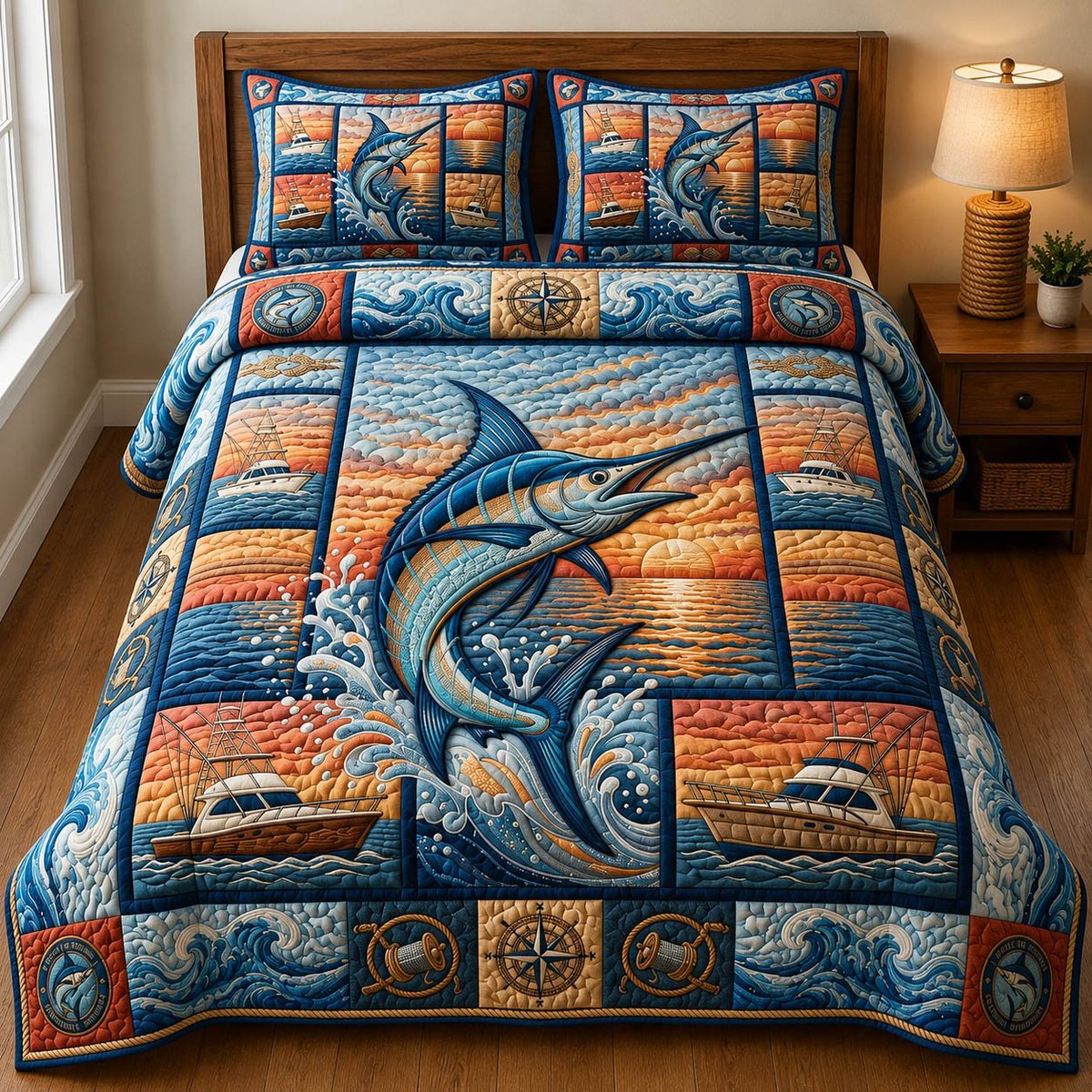Seaside Escape Fishing 3 Piece Quilted Bedding Set Gift For Fishing Lovers