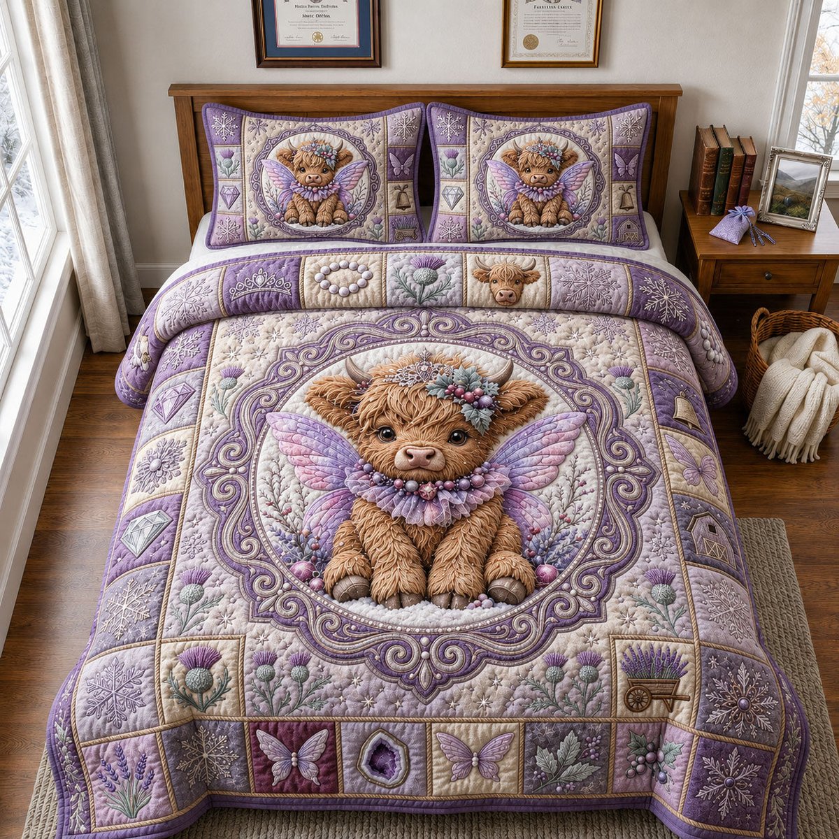 Enchanted Highland Cow 3 Piece Quilted Bedding Set Gift For Cow Lovers