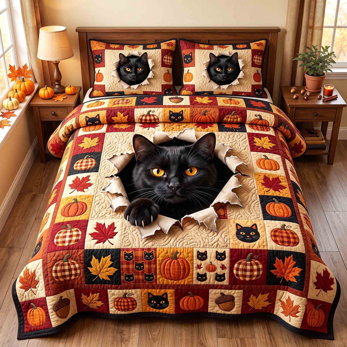 Pumpkin Cat Whimsy 3 Piece Quilted Bedding Set Halloween Gift For Cat Lovers