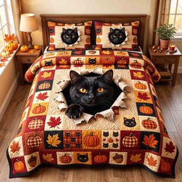 Pumpkin Cat Whimsy 3 Piece Quilted Bedding Set Halloween Gift For Cat Lovers