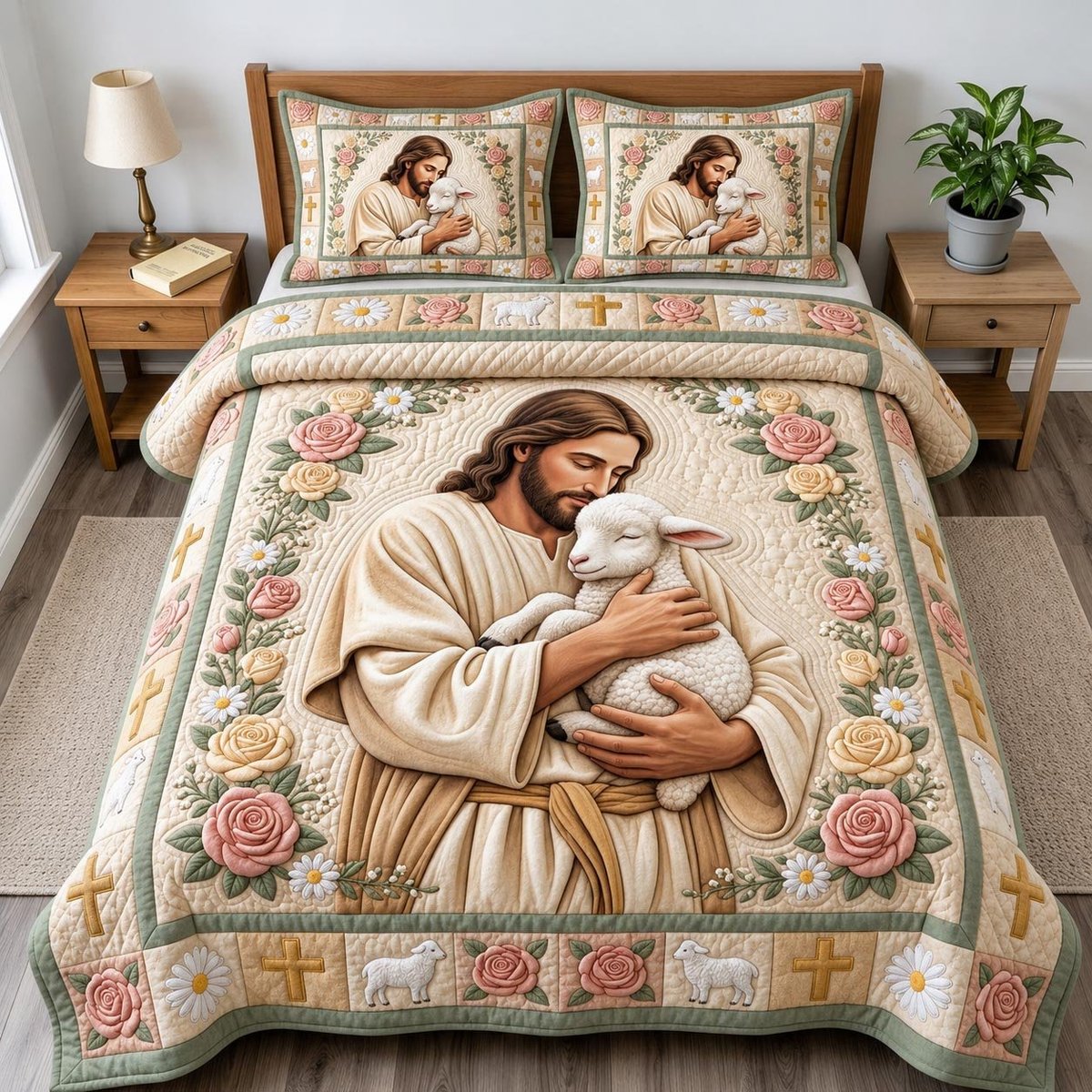 Jesus Christ 3 Piece Quilted Bedding Set Gift For Christians