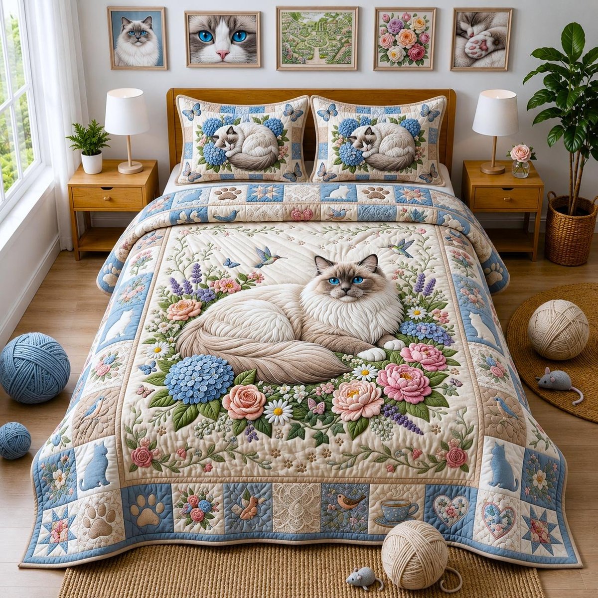 Floral Ragdoll 3 Piece Quilted Bedding Set Gift For Flower Lovers