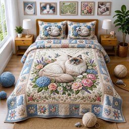 Floral Ragdoll 3 Piece Quilted Bedding Set Gift For Flower Lovers
