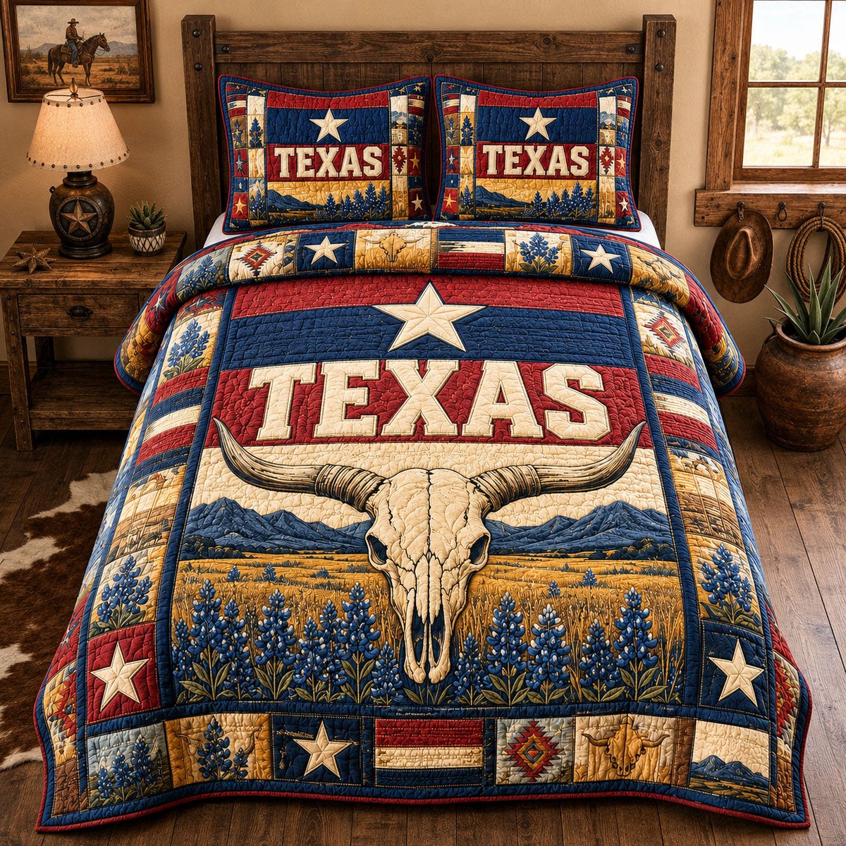 Lone Star Longhorn 3 Piece Quilted Bedding Set Gift For Western Lovers