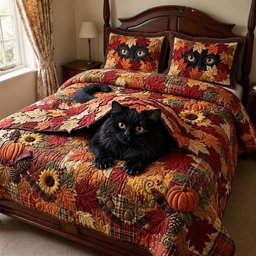 Autumn Cat 3 Piece Quilted Bedding Set Gift For Cat Lovers