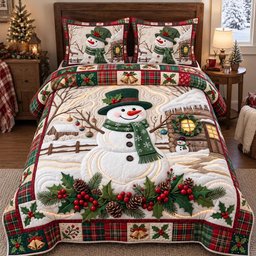 Winter Cabin Snowman 3 Piece Quilted Bedding Set Christmas Gift For Holiday Decor Lovers