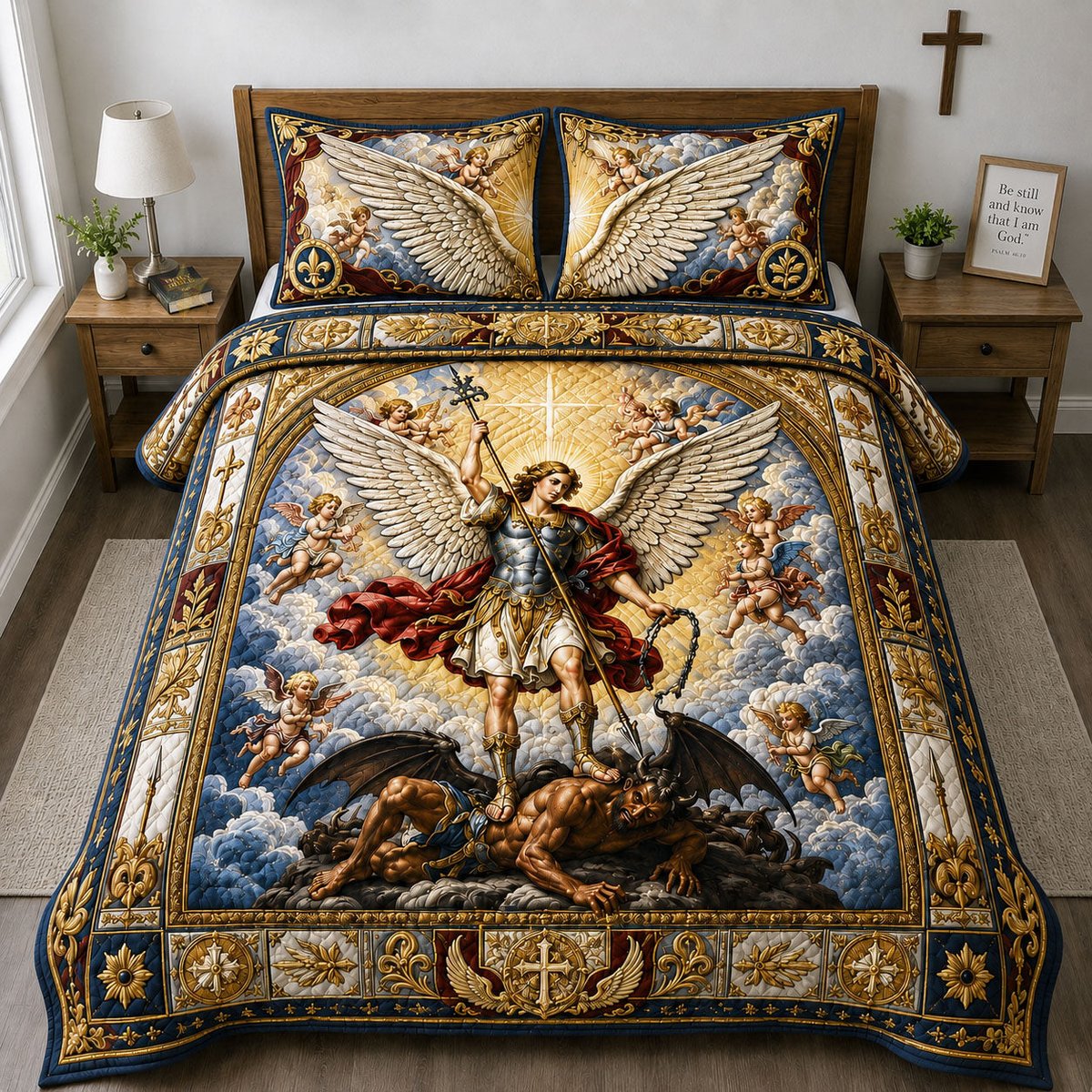 Saint Michael Heavenly Victory 3 Piece Quilted Bedding Set Gift For Home Decor Lovers