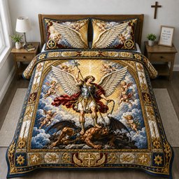 Saint Michael Heavenly Victory 3 Piece Quilted Bedding Set Gift For Home Decor Lovers