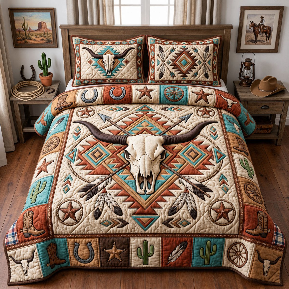 Western Bull Skull 3 Piece Quilted Bedding Set Gift For Western Lovers