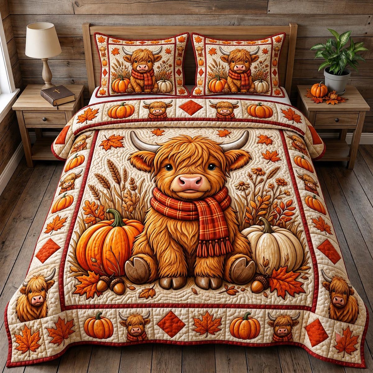 Fall Highland Cow 3 Piece Quilted Bedding Set Gift For Cow Lovers